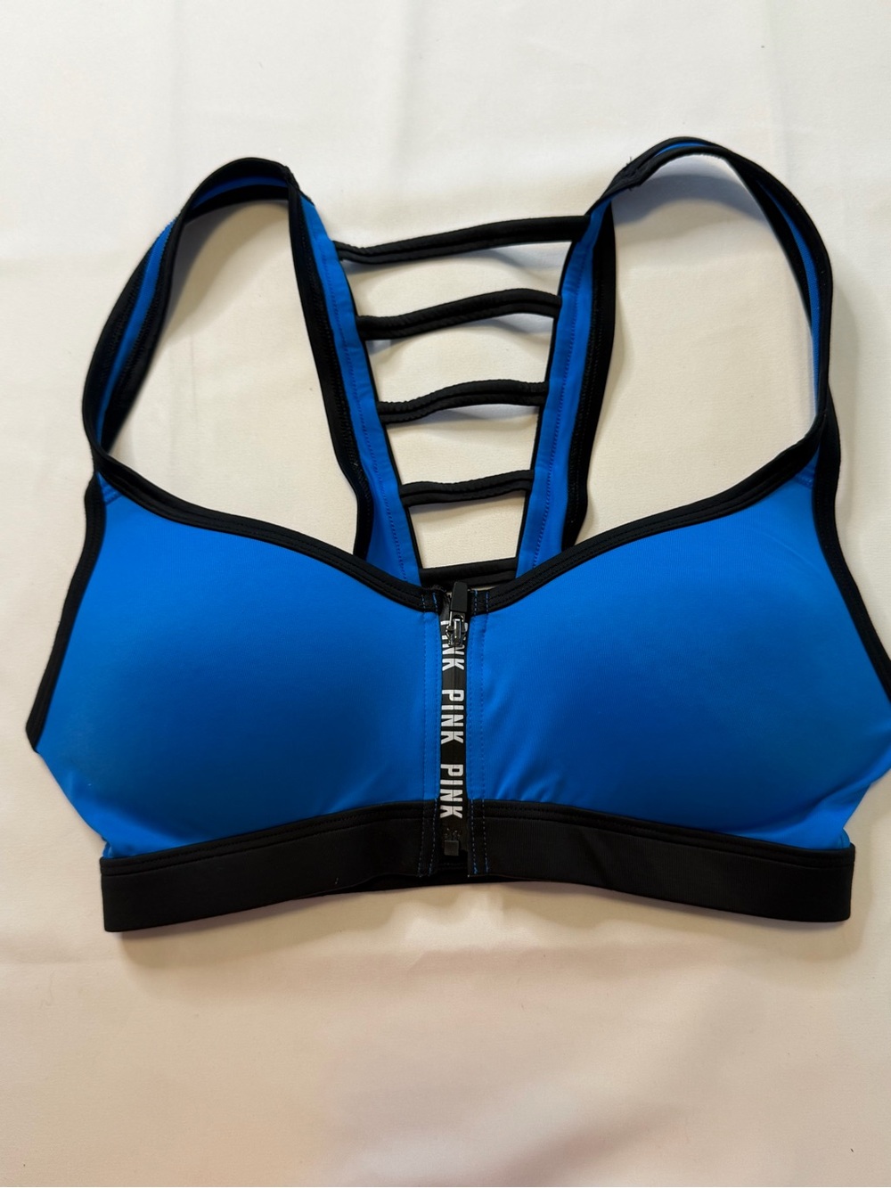 PINK Victoria's Secret Blue and Black Front-Zip Strappy Sports Bra